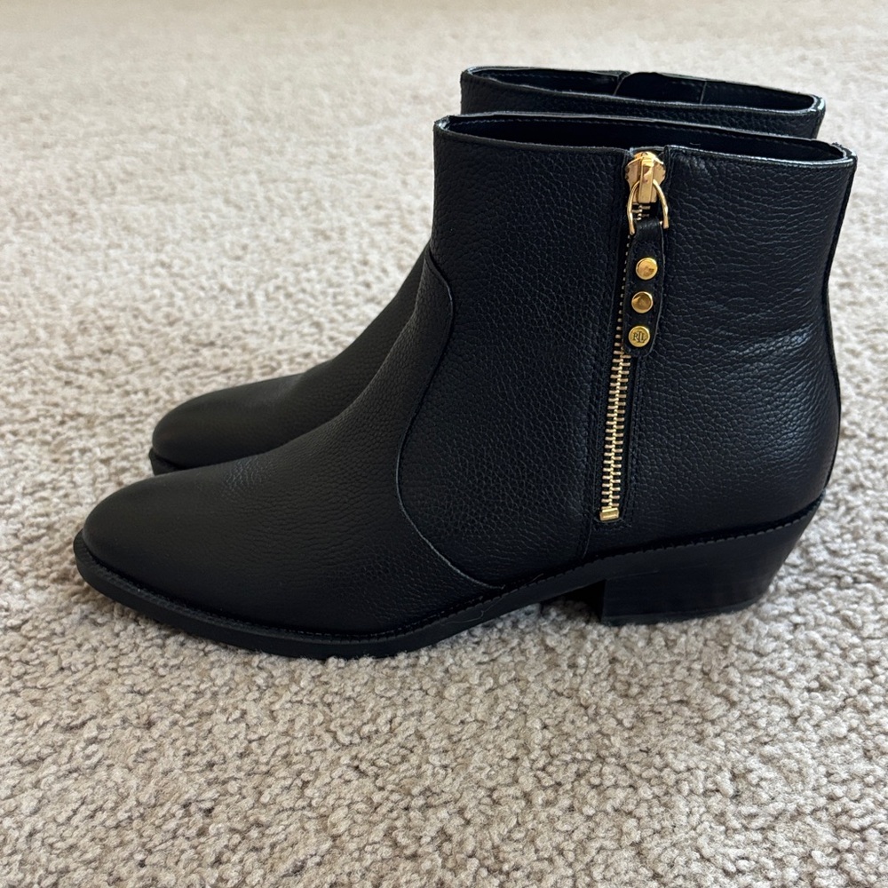 Ralph Lauren Black Ankle Boots with Gold Accents